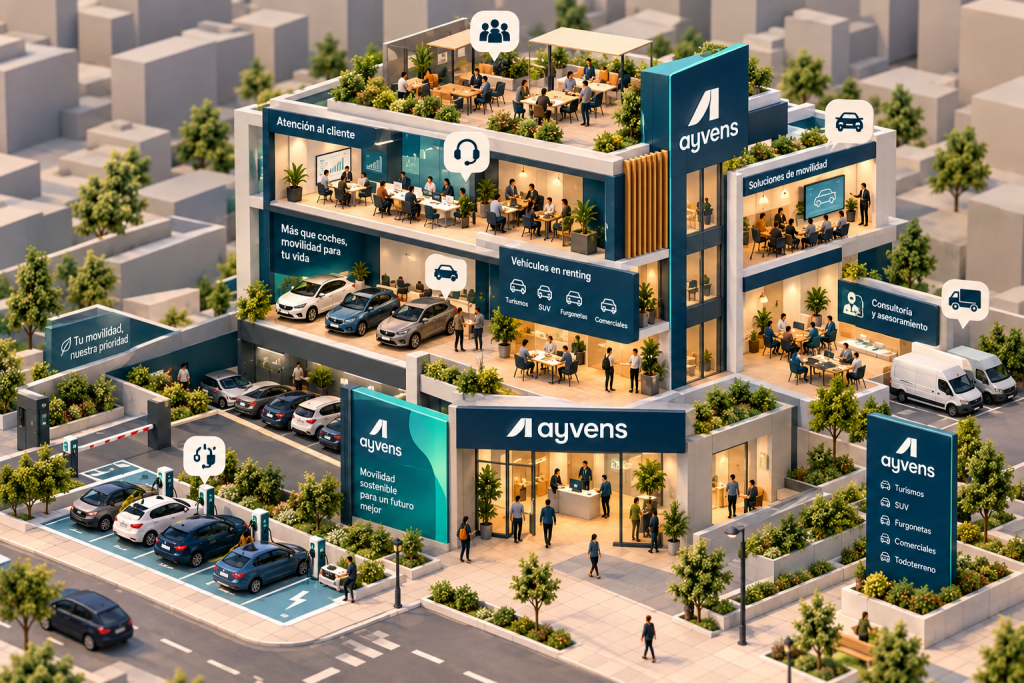 Ilustración de una sede de Ayvens con equipos de atención al cliente y soluciones de movilidad